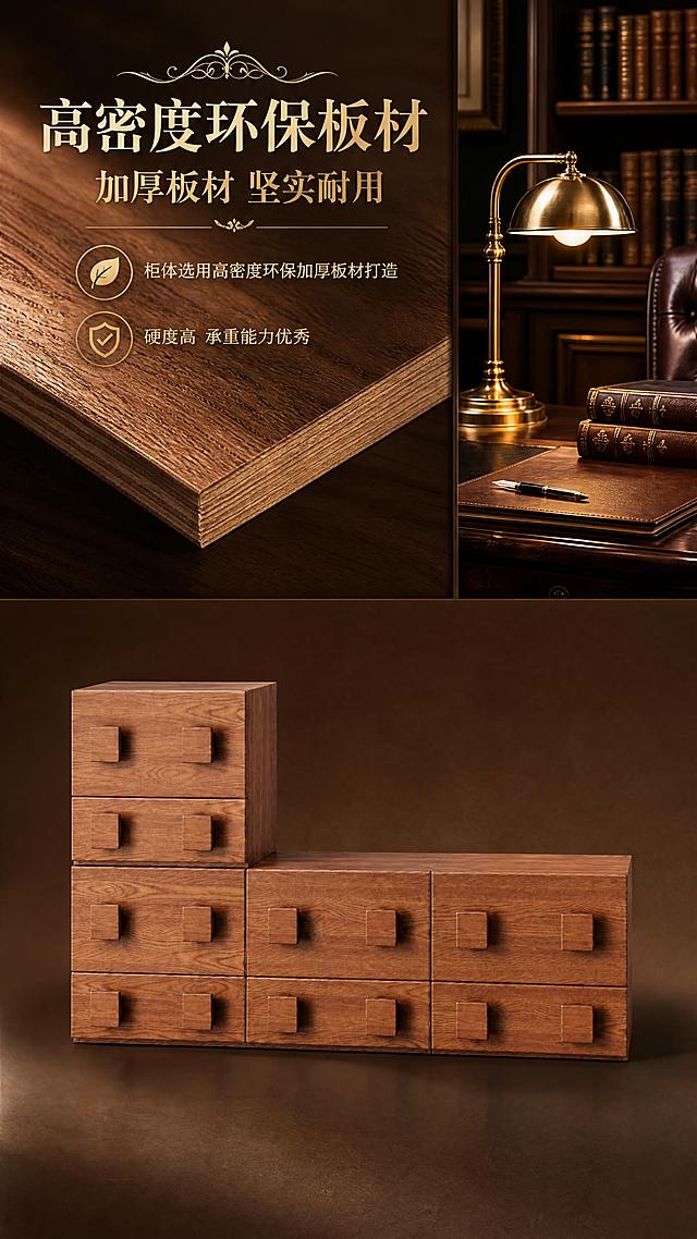 [第2张] 材质工艺卖点页-高密度环保加厚板材解析。本张使用【图1】作为商品主体，保持产品结构、比例、颜色、材质完全一致。
[氛围/风格] 高级奢华材质展示风，暖棕调，商业摄影质感，材质特写与产品结合，无人物。
[元素布局] 产品置于画面下半部分，占比约45%，正面视角；上半部分左侧为白蜡木木纹微距特写大图，展示清晰的木材纹理和加厚板材截面；右侧为奢华书房场景一角，包含真皮书桌、黄铜台灯、精装书籍等元素；产品物理结构、方块拉手、木纹颜色与输入图完全一致，不改变比例尺寸。
[光影质感] 顶部柔光均匀照射，木纹特写处有侧光突出纹理层次，产品底部柔和投影，整体温暖高级。
[配色色系] 全局底色 #4A3020（暖深棕）；主色木棕色调；辅助色金色、米白、深棕。
[视角构图] 上下分区构图，上半材质特写+下半产品展示，阅读动线从上到下。
[文字版式] 上半区左侧主标题艺术花体字「高密度环保板材」，副标题艺术字「加厚板材 坚实耐用」，下方两行艺术字卖点「柜体选用高密度环保加厚板材打造」「硬度高 承重能力优秀」；字体有花样设计感，木纹特写旁加金色装饰线条和图标；文字不遮挡产品主体。
[比例分辨率] 9:16竖版比例，4K分辨率，文字清晰可辨，高清画质。
[负向提示词] 产品变形，缺件错件，结构错误，颜色偏差，人物出现，内部结构展示，踢脚线，水印，文字错乱，文字过小。