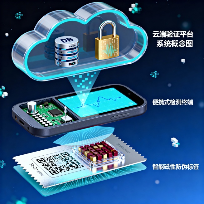 一幅科技感十足的立体剖视概念图，整体色调为深蓝+银灰+亮青。画面自上而下分为三大层：

1. 顶层「云端验证平台」  
   - 形状：轻盈的半透明云状轮廓，边缘泛着柔和青光  
   - 内部：左侧预览效果