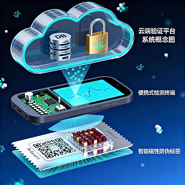 一幅科技感十足的立体剖视概念图，整体色调为深蓝+银灰+亮青。画面自上而下分为三大层：

1. 顶层「云端验证平台」  
   - 形状：轻盈的半透明云状轮廓，边缘泛着柔和青光  
   - 内部：左侧漂浮着一个带有“DB”字样的微型数据库服务器图标，右侧漂浮着一把金色小锁，锁表面有流动的0/1数字加密纹理  
   - 从云端向下射出一束纤细的无线数据光束，光束由淡蓝小方块组成，呈锥形扩散

2. 中层「便携式检测终端」  
   - 形状：手掌大小的扁平圆角矩形设备，外壳为磨砂深灰，中间嵌一块亮青色触控屏  
   - 屏幕显示一条实时磁信号曲线  
   - 设备内部剖视：左侧可见密集排列的高灵敏度磁传感器阵列（银色小圆柱），中间是绿色PCB信号处理单元，右侧是微型天线与通讯模块  
   - 设备下表面发出淡蓝色扇形检测场，象征“近距离检测”

3. 底层「智能磁性防伪标签」  
   - 形状：一张邮票大小的柔性标签，表面为亮银色  
   - 剖视层：最上层是透明保护封装，中间是规则排布的Fe-Co纳米颗粒（放大后呈深红-金双色立方晶格），颗粒按二维码样式的图形化排布，最下层是柔性聚合物基底  
   - 标签整体微微上拱，接受来自中层设备的淡蓝检测场照射，颗粒层反射出细密的磁感线光效

背景：深空蓝渐变，零星的青白色数据粒子漂浮，营造“云端-终端-标签”一体化联动氛围。画面右上角用简洁字体写着“磁性防伪系统概念图”，字体为无衬线银白色。