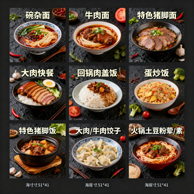 参考图片深色中式餐饮菜品海报设计，一共九宫格布局，每张海报单张尺寸51*51，深色质感背景配菜品名称和美食装饰，分别为：碗杂面，牛肉面，特色猪脚面，大肉快餐，回锅肉盖饭，蛋炒饭，特色猪脚饭，大肉/牛肉预览效果