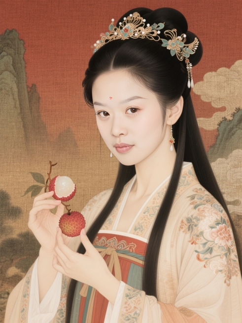身穿唐代精美纹理服饰，高冷、大眼、丹凤眼、长睫毛、华丽发饰，手持荔枝相关物件，古风影视海报质感，暖棕红渐变背景，融入山水云纹，色调古朴典雅，有传统工笔渲染韵味预览效果