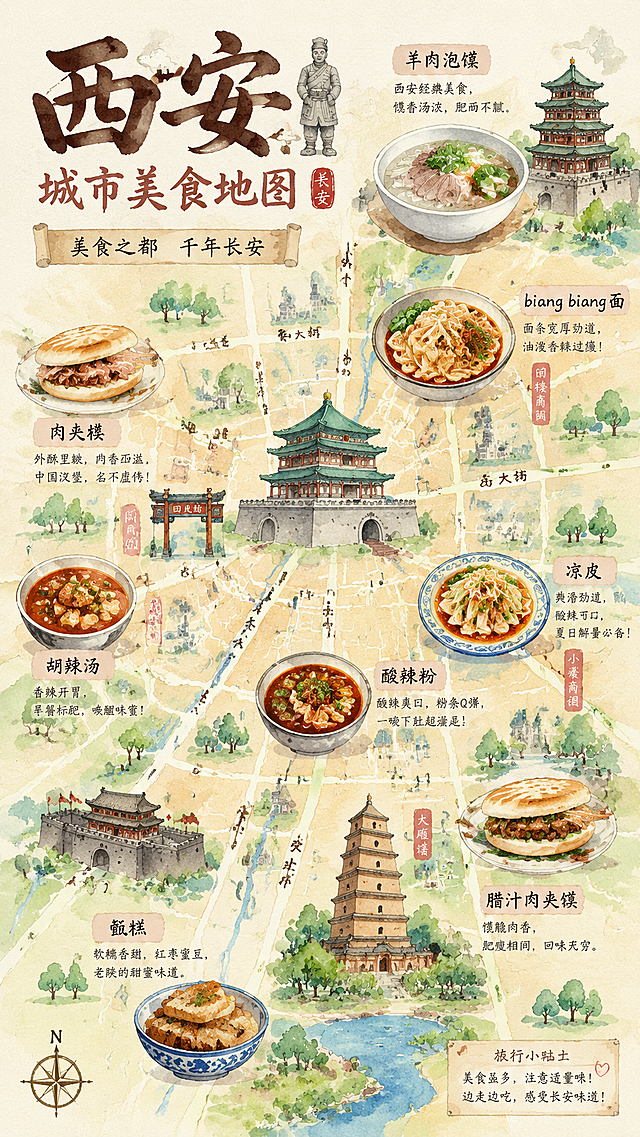 复古水墨风手绘地图，融合工笔与水彩技法，呈现西安美食与古迹。中式插画风格，民族古典韵味浓厚，文艺气息扑面而来，尽显千年长安风情。