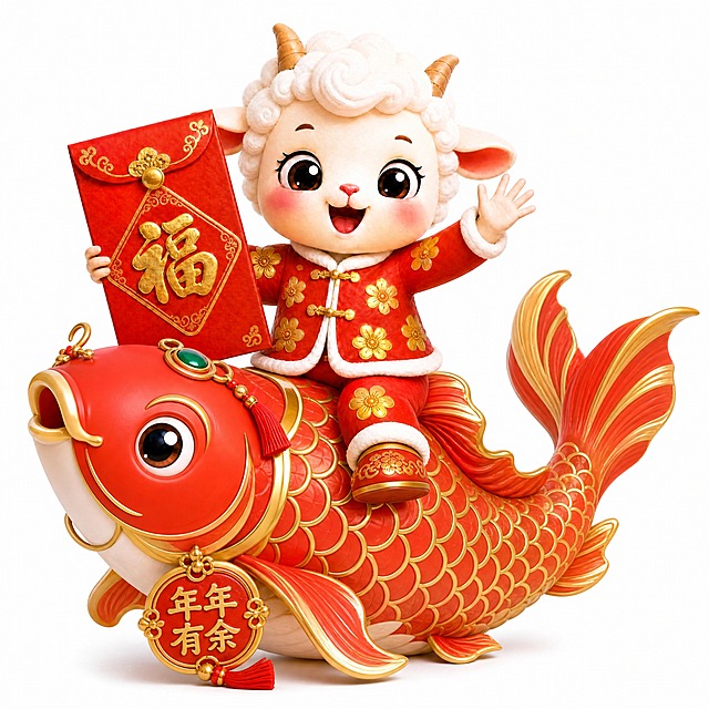 让小羊骑在一条大大的红色锦鲤（大鲤鱼）身上，鲤鱼有金色鳞片和喜庆装饰，寓意年年有余，小羊保持活泼可爱的姿态，手里依然拿着大红包。其余保持不变：卡通3D渲染风格，可爱的羊吉祥物，头上2个小羊角，身体圆润饱满，大而明亮的眼睛，5个手指的拟人手，穿着喜庆红色年服配金色花朵，红色新年鞋子，表情欢快活泼，纯白色背景，3D卡通渲染质感，柔和光线，细节精致