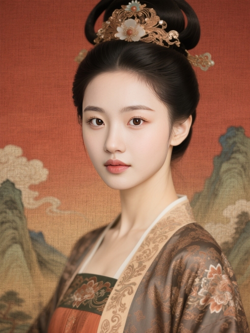 身穿唐代精美纹理服饰，高冷、大眼、丹凤眼、长睫毛、华丽发饰，古风影视海报质感，暖棕红渐变背景，融入山水云纹，色调古朴典雅，有传统工笔渲染韵味预览效果