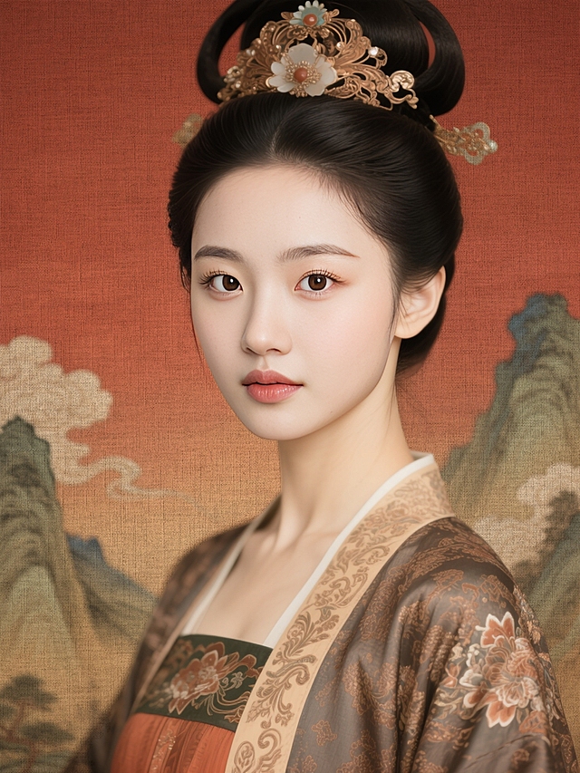 身穿唐代精美纹理服饰，高冷、大眼、丹凤眼、长睫毛、华丽发饰，古风影视海报质感，暖棕红渐变背景，融入山水云纹，色调古朴典雅，有传统工笔渲染韵味