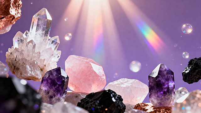 Hero banner background for a premium crystal healing Shopify store named Lumina Quartz. A breathtaking, ethereal composition of natural healing crystals from Donghai: clusters of clear quartz points, soft pink rose quartz, deep purple amethyst, and black obsidian elegantly arranged and floating in soft focus. Dramatic yet gentle volumetric light rays shining from above, creating beautiful rainbow refraction and prismatic caustics through the crystals. Soft glowing particles and subtle light orbs floating around. Color palette: dreamy lavender purple gradient background blending into warm rose gold and soft white highlights. Mystical, healing, luxurious spiritual atmosphere. Ultra-detailed, cinematic lighting, subsurface scattering on crystals, high dynamic range, photorealistic yet ethereal fantasy style, soft bokeh, 8K resolution, perfect for full-screen website hero banner, clean composition with plenty of negative space at the center for text overlay. Aspect ratio 16:9