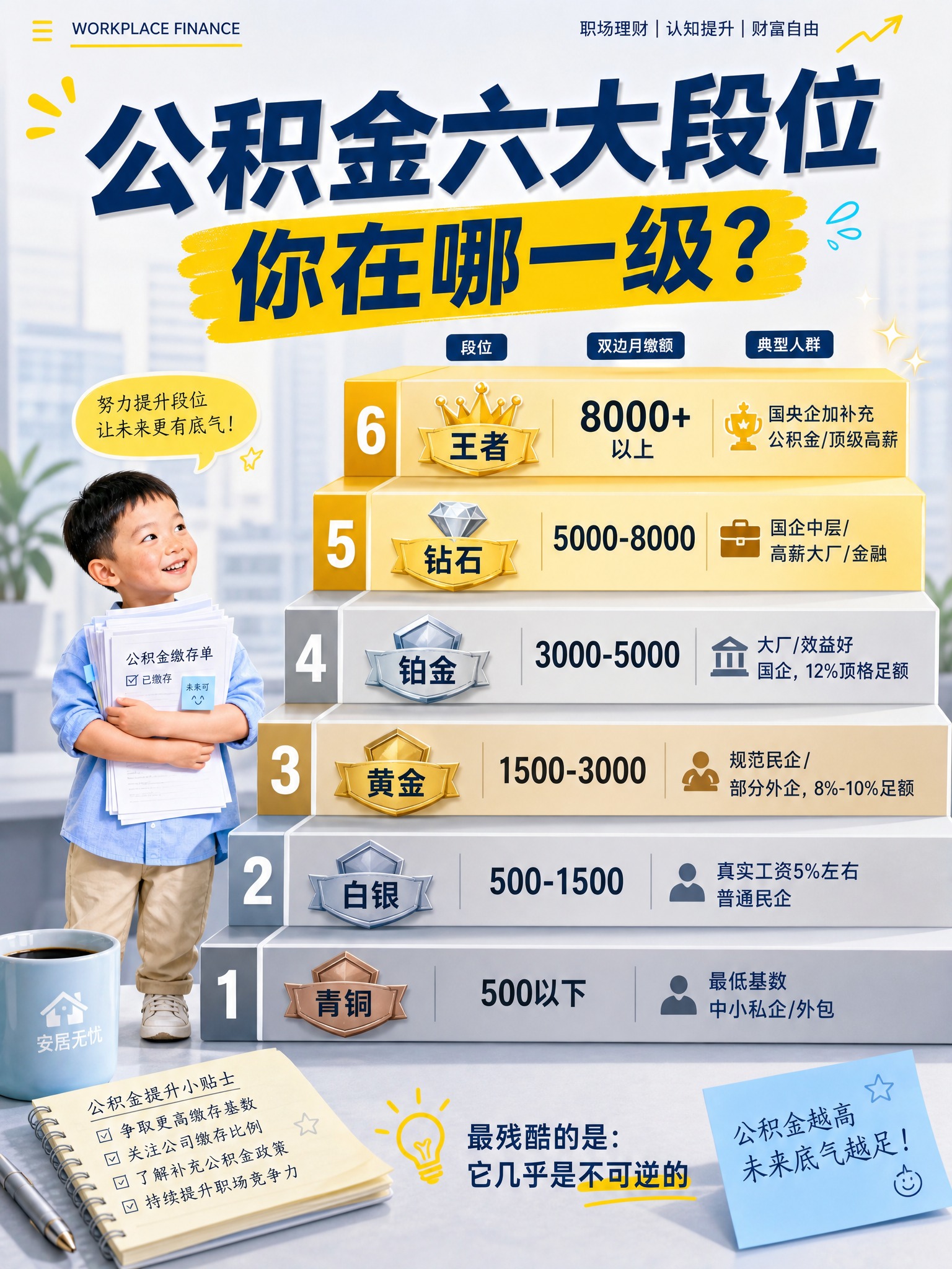 小红书内容图，职场理财主题。标题大字：'公积金六大段位 你在哪… - 图片创意预览