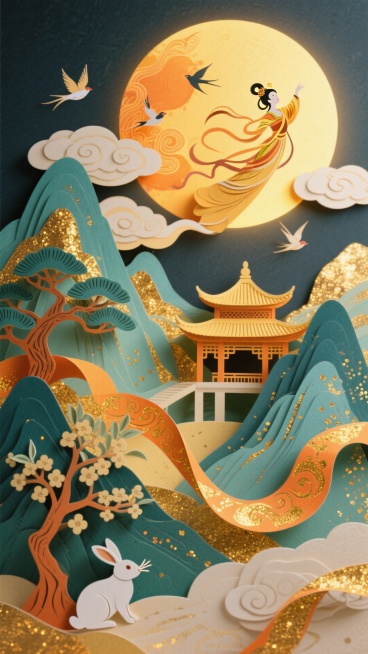 一件为中秋节设计的中式典雅风格3D剪纸艺术，分层纸雕展现出深度：前景是桂树和玉兔，中景有亭台楼阁，背景是带有云纹的巨大满月，嫦娥飞天。以落日熔金与青碧山水为主体配色，层叠起伏的青绿山水覆盖金箔纹理，山预览效果