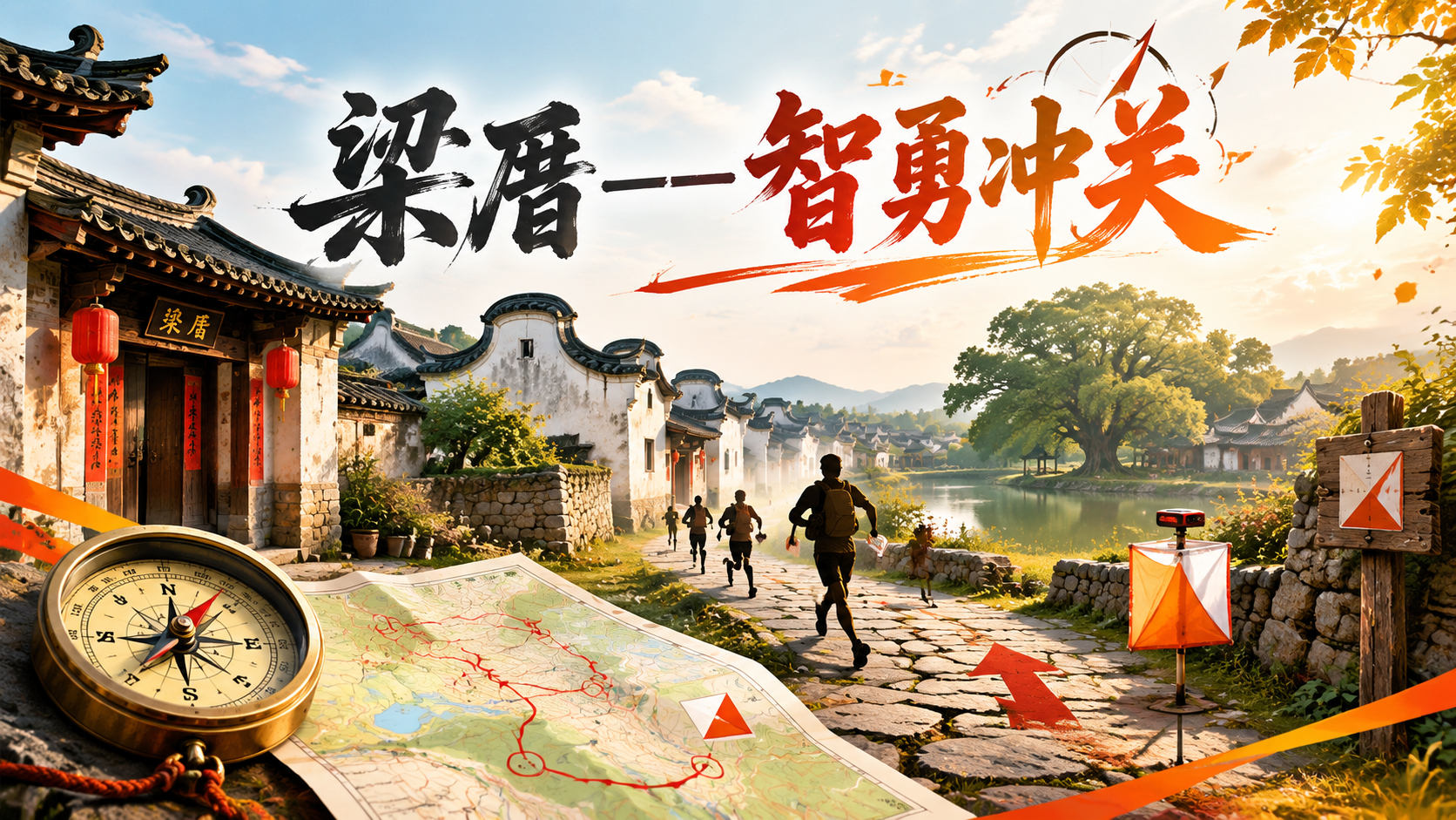 横版活动宣传图，主题文字“梁厝——智勇冲关”。背景是福建福州梁… - 图片创意预览