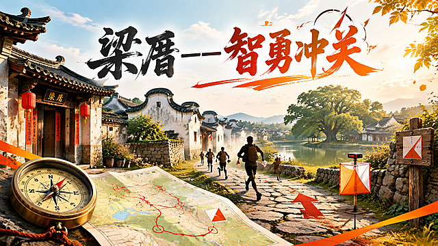 横版活动宣传图，主题文字“梁厝——智勇冲关”。背景是福建福州梁厝古民居：白墙灰瓦、马鞍形风火墙、古厝木门、青石板巷道，远处有古树池塘，秋日暖阳洒落，色调古朴温暖。画面融入定向越野元素：指南针罗盘、展开的定向地图、橙白点标旗、红色路线箭头、打卡点，以及奔跑打卡的人物剪影。主体标题文字“梁厝——智勇冲关”醒目大气，置于画面上方或中央，现代活动设计风格，画面留白合适，适合企业团建活动宣传，横幅构图，细节精致。