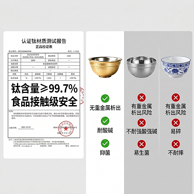 [主图 5] 纯钛碗材质安全说明对比主图。[氛围风格] 清晰专业电商安全说明风格，权威可信。[画质] 高清8K摄影质感，文字图表清晰可读，整体干净专业。[元素] 画面左右分为两部分，左侧：纯钛材质检测报告特写，重点标注文字“钛含量≥99.7% 食品接触级安全”；右侧：三种碗对比图，分别为纯钛碗、不锈钢碗、陶瓷碗，用图标和文字分别标注纯钛碗“无重金属析出”、“耐酸碱”、“抑菌”三个优势，另外两款标注对应的缺点。保持纯钛碗外观与原图一致，无变形色差。背景整体浅灰色简洁干净。[光影] 均匀柔和专业影棚布光，文字和图表清晰可见，无强烈阴影，整体通透干净。[配色] 背景浅灰色，检测报告白色底黑色字，对比图标使用绿色对勾和红色叉号区分，清晰直观，纯钛碗本身颜色真实自然。[视角构图] 左右等分构图，左侧检测报告，右侧对比图，整体平衡，主体占据画面80%区域，干净不拥挤。[文字版式] 检测报告标注文字放在顶部，对比标注文字对应每个碗下方，清晰对齐，字体大小适中，颜色对比强烈易读。[比例分辨率] 1:1比例，2k分辨率，文字清晰锐利，超高清。[负向提示词] 变形，水印，文字错乱，产品模糊，背景杂乱，对比不清。