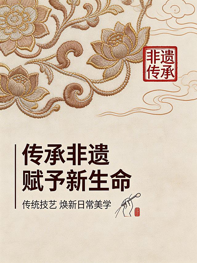 非遗文化价值主副标题海报，主标题："传承非遗 赋予新生命"，副标题："传统技艺 焕新日常美学"，排版布局3:4竖版，上区35%为非遗文化元素，包含传统刺绣纹样、篆刻印章，下区65%为文字区；主副标题左对齐，主标题置顶，副标题居下，搭配文化传承图标，层次清晰。上区融合传统非遗纹样与现代设计，传递“非遗焕新”的价值；文字选用思源黑体，主标题加粗28px，副标题16px，字体颜色深褐，搭配国风线条装饰；整体营造文化厚重感与高级感，传递“以现代载体传承非遗文化，让非遗走进日常”的设计理念。