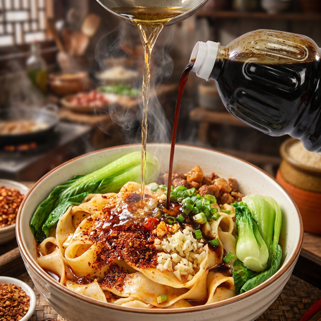 油泼面汁商品融合海报，融合油泼面美食，氛围感，美食诱惑，商用场景，无文字预览效果