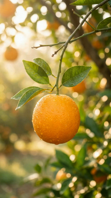 A single ripe orange with morning dew clinging to its surface—no dripping allowed—hanging on a branc预览效果