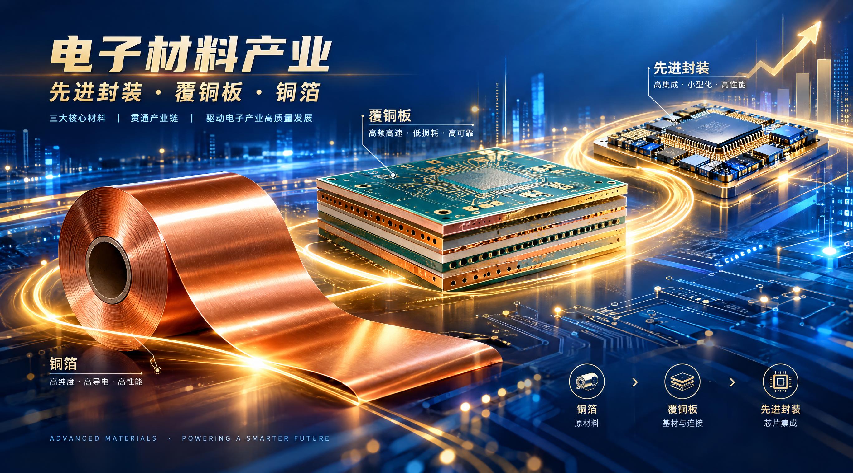 电子材料产业科技感封面图，主题为先进封装、覆铜板与铜箔三大核心… - 图片创意预览