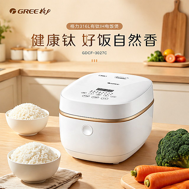 生成一张800*800px正方形的格力电饭煲电商主图，白色格力电饭煲放在暖色调木质厨房台面上，旁边摆放两碗白米饭和新鲜蔬菜，整体风格温暖清新简约，保留格力品牌logo和产品外观