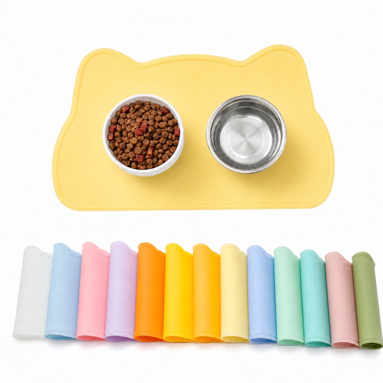 将图片上方的猫耳形状硅胶垫颜色精确修改为参考图中的浅奶油黄色（… - 图片创意预览