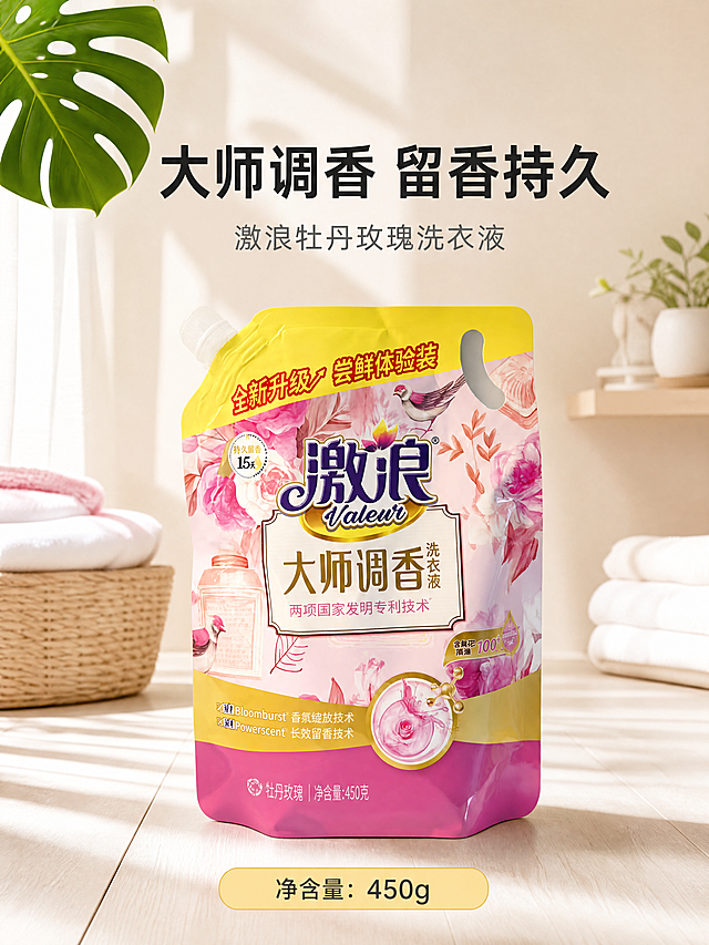 [第1屏] 详情页头图-450g激浪大师调香洗衣液主视觉宣传海报。本屏使用【图1】作为商品主体，保持商品原有的包装结构、粉色+黄色渐变搭配、玫瑰花卉设计、文字内容与原图一致，仅替换背景为温馨干净的家居场景。
[氛围/风格] 清新干净的家居日化风格，明亮自然光影，高级香氛氛围感，商业摄影质感，画面干净通透。
[元素布局] 洗衣液产品主体放置在画面中偏下位置，占据画面60%-70%区域，保持原包装物理结构、材质质感、颜色色号不变。背景采用浅暖调家居场景，左上角点缀一片绿色龟背竹叶子，墙面为浅米白色，地面为浅木纹色，整体营造干净舒适的洗护氛围，不抢产品主体风头。
[光影质感] 左侧柔和主光，右侧自然阴影，整体光线均匀明亮，产品包装文字清晰可辨，真实通透。
[配色色系] 全局底色：#F9F5F1（浅暖米）；主体配色：保留原包装粉色、黄色、紫色、绿色；辅助色：#E8F4EA（浅绿叶片）+ #222222（标题深灰）。
[视角构图] 正面平视视角，景深适中，产品居中，阅读动线从上到下，顶部留出标题区域。
[文字版式] 顶部为主标题区域，主标题“大师调香 留香持久”，加粗深色无衬线字体，居中对齐，字号为画面宽度的7%-9%，主标题下方放副标题“激浪牡丹玫瑰洗衣液”，小号浅灰色字体，居中。底部放浅黄色信息条标注“净含量：450g”，文字清晰不遮挡产品主体。
[比例分辨率] 3:4竖版比例，4K分辨率，文字清晰可辨，超高清。
[负向提示词] 包装变形，文字错乱，颜色偏差，产品结构错误，水印，背景杂乱，文字模糊，缺件错件