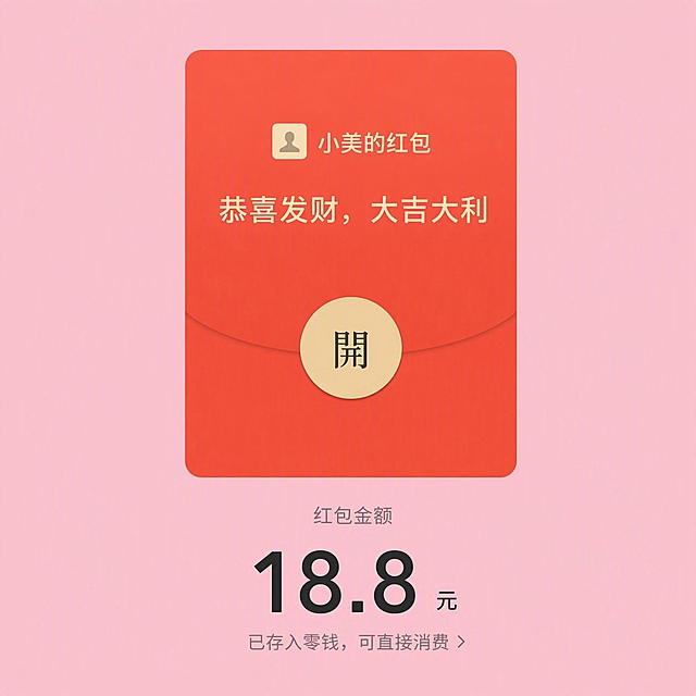 一张粉色背景的微信红包截图，400x400像素正方形，红包界面居中，红包下方显示金额数字"18.8"元，界面简洁清晰，模拟真实手机红包截图效果，粉色背景柔和均匀