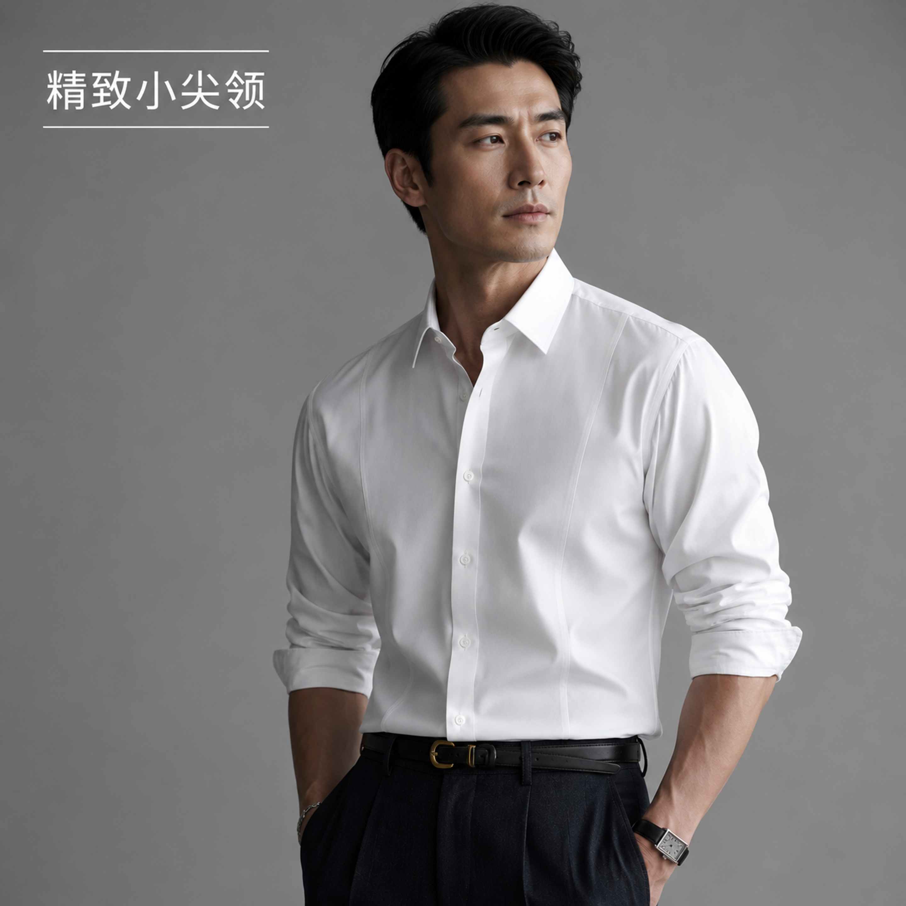 淘宝男装主图，高级商务极简风格。一位气质成熟的亚洲男模特穿着白… - 图片创意预览