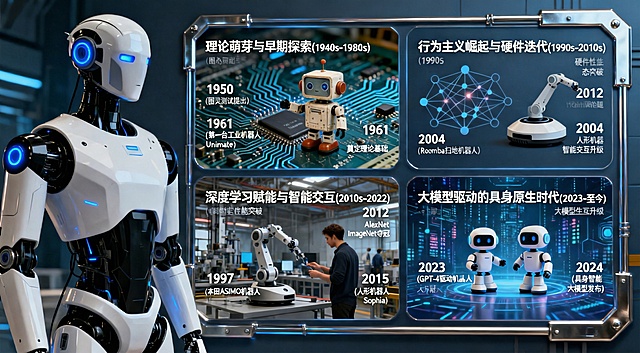 复刻这张人工智能机器人发展历程海报，左侧是白黑配色带蓝色灯光的人形机器人，右侧四个板块分别是理论萌芽与早期探索(1940s-1980s)、行为主义崛起与硬件迭代(1990s-2010s)、深度学习赋能与智能交互(2010s-2022)、大模型驱动的具身原生时代(2023-至今)，每个板块包含对应机器人、年份信息和核心贡献描述，整体科技蓝调工业风，金属质感边框