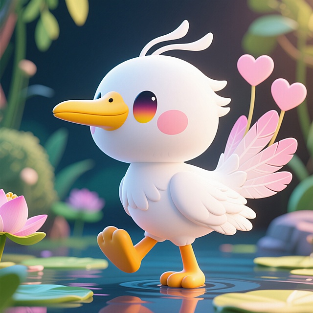 3D卡通风格，拟人小鸟手捧心形花，梦幻场景，可爱温馨。