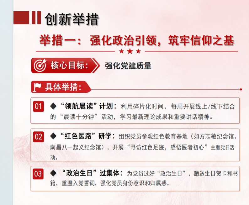 重新排版这页PPT，优化文字布局让结构更清晰高级，突出核心重点，保持所有原有文字内容、背景和大标题“创新举措”完全不变，保留原有红色党建风格预览效果