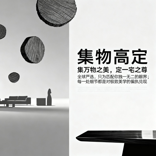 我要设计一块广告牌，大概尺寸高2.9米，宽5.3米，长方形从事全屋定制行业，品牌：集物高定，中高端定位。版面设计要求有艺术/高级感，以黑白灰色为主体色。主体广告语:集万物之美，定一宅之尊，辅助语:全球预览效果