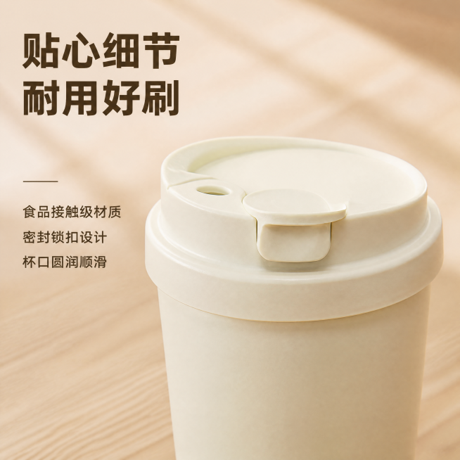 [主图-3] 咖啡杯细节展示主图
[氛围风格] 家居治愈风，真实质感
[画质] 商业摄影质感，光线柔和通透，产品清晰真实，画面干净高级
[元素] 放大展示咖啡杯的杯盖锁扣和杯口细节，保留奶白色产品质感预览效果