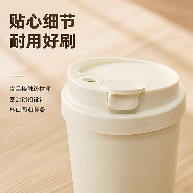 [主图-3] 咖啡杯细节展示主图
[氛围风格] 家居治愈风，真实质感
[画质] 商业摄影质感，光线柔和通透，产品清晰真实，画面干净高级
[元素] 放大展示咖啡杯的杯盖锁扣和杯口细节，保留奶白色产品质感，保持产品结构材质颜色与输入图绝对一致，杜绝变形色差。产品细节居中展示，背景使用浅木色家居纹理，画面简洁重点突出。商品主体占比约70%，满屏无边框。
[光影] 侧逆光突出产品材质和轮廓细节，过渡柔和干净，高亮通透
[配色] 主色调奶白色+浅木色，深棕色文字，自然温馨
[视角构图] 平视特写构图，焦点清晰落在锁扣细节上
[文字版式] 左上标题“贴心细节 耐用好刷”，深棕色粗体。左下角标注说明“食品接触级材质 密封锁扣设计 杯口圆润顺滑”，文字层次分明，对比清晰，不遮挡核心细节区域。
[比例分辨率] 1:1比例，4k分辨率，文字清晰锐利，超高清
[负向提示词] 变形，水印，文字错乱，产品图模糊，背景杂乱