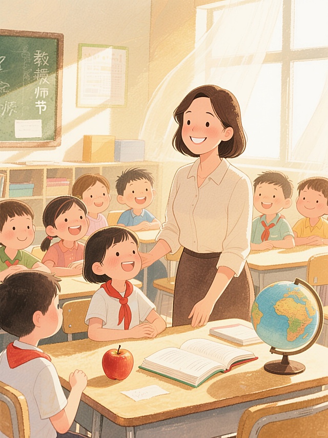 温馨的教室里，老师与学生互动，水彩插画风展现教师节的卡通感与温情。