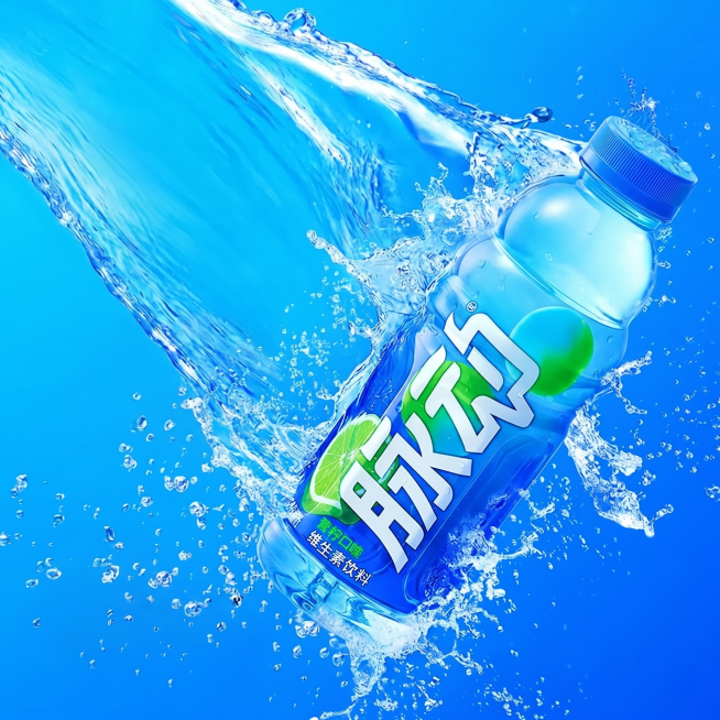 去掉图片左侧所有文字，保留脉动饮料瓶和水花、蓝色背景，保持整体风格一致预览效果