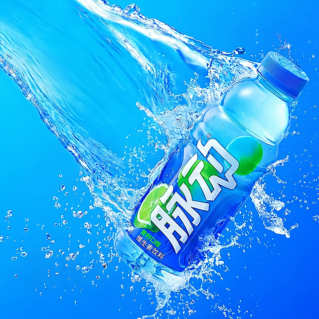 去掉图片左侧所有文字，保留脉动饮料瓶和水花、蓝色背景，保持整体风格一致