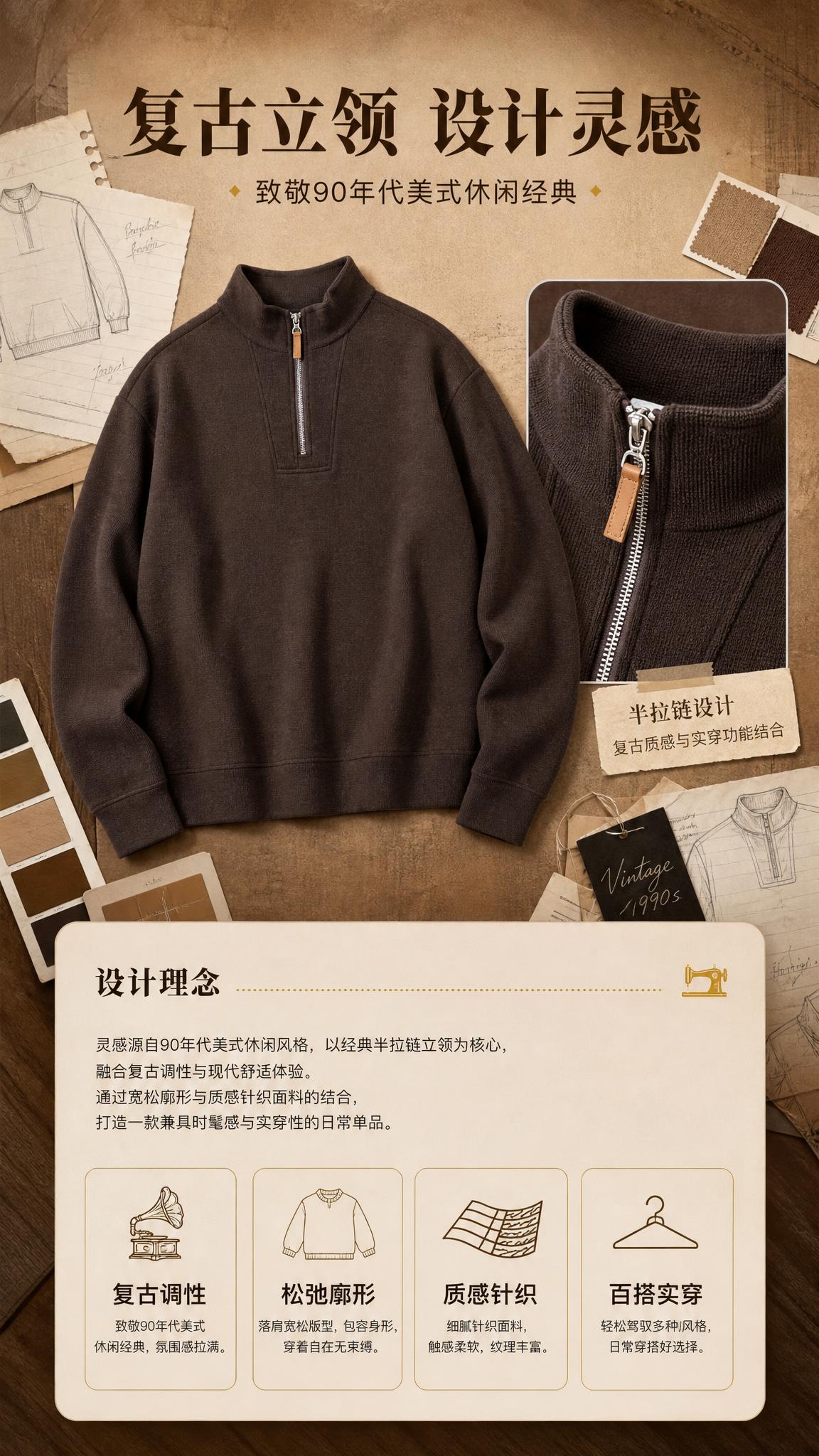 [商品] 使用【图1】深咖色男士半拉链立领针织卫衣；商品处理：… - 图片创意预览