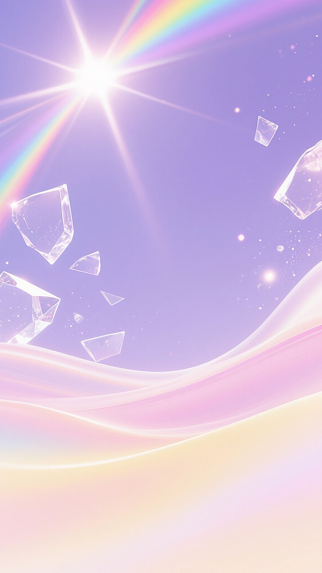 一张以淡紫色为基调的海报，整体呈现出梦幻、柔和的氛围，画面中充满了流动感的渐变色彩，从浅紫到淡粉再到柔和的黄色过渡自然。顶部有明亮的光线照射下来，形成耀眼的光束，光束中带有彩虹般的七彩光晕效果。背景中散布着一些透明的、不规则的几何形状，像是破碎的水晶或玻璃碎片，折射出光芒。画面中还有一些细小的光点和闪烁的粒子，增加了整体的梦幻感和层次感。海报的视觉层级以这些流动的光影和几何元素为主，没有明显的文字信息，留白充足，营造出空灵、纯净的感觉，适合作为具有艺术感和时尚感的背景海报。