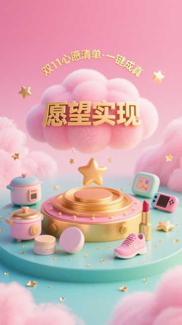 3D风格双11宣传海报，梦幻粉红色渐变背景（浅粉到深粉）带柔和云纹理，中心是从金色复杂结构圆形平台冒出的蓬松粉云，云底部有星徽，云上覆盖粗体金色3D汉字“愿望实现”，周围环绕卡通电饭煲、游戏机、圆形面预览效果