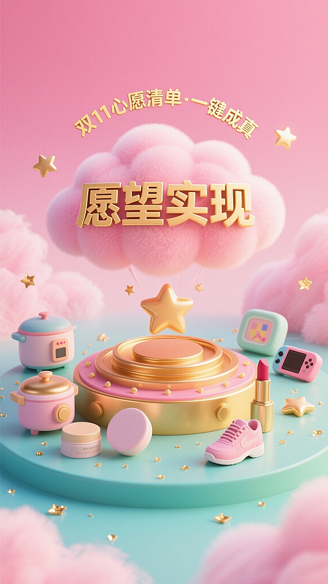 梦幻粉嫩色调，3D软萌风格，毛绒云朵与金色星星点缀，微缩场景呈现童话感，双11主题可爱治愈，愿望实现主题温馨甜蜜。