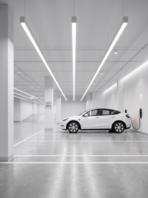 A modern minimalist underground parking garage, clean concrete floor, white pillars, a white Tesla p预览效果