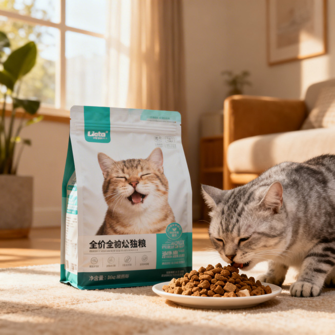 保持图中的猫粮包装不变，背景替换为温暖柔和光线的室内放置猫粮的场景，猫粮旁边有猫咪正在吃猫粮，凸显猫粮美味预览效果