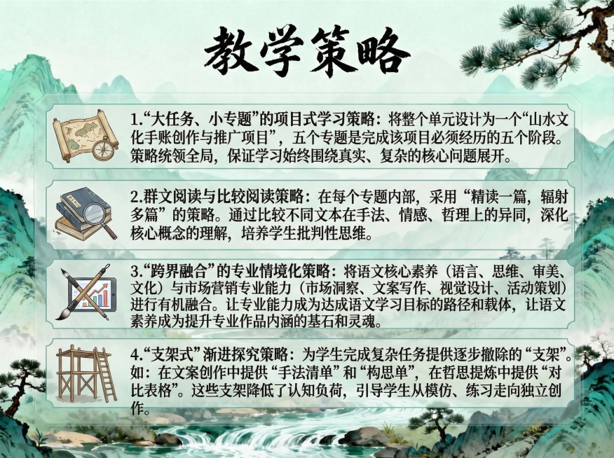 根据示例图，把下面文字生成图片  ：1.“大任务、小专题”的项目式学习策略：
将整个单元设计为一个“山水文化手账创作与推广项目”，五个专题是完成该项目必须经历的五个阶段。策略统领全局，保证学习始终围绕预览效果