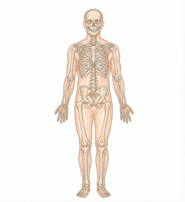 参考这张图的手绘风格、色彩，生成一张人体全身正面骨骼示意图，去除所有文字线条标注，背景为纯白色预览效果