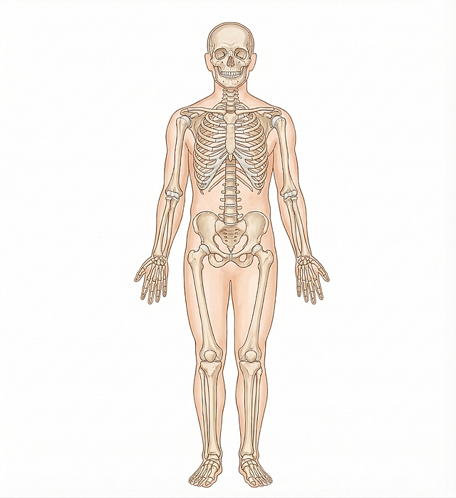参考这张图的手绘风格、色彩，生成一张人体全身正面骨骼示意图，去除所有文字线条标注，背景为纯白色