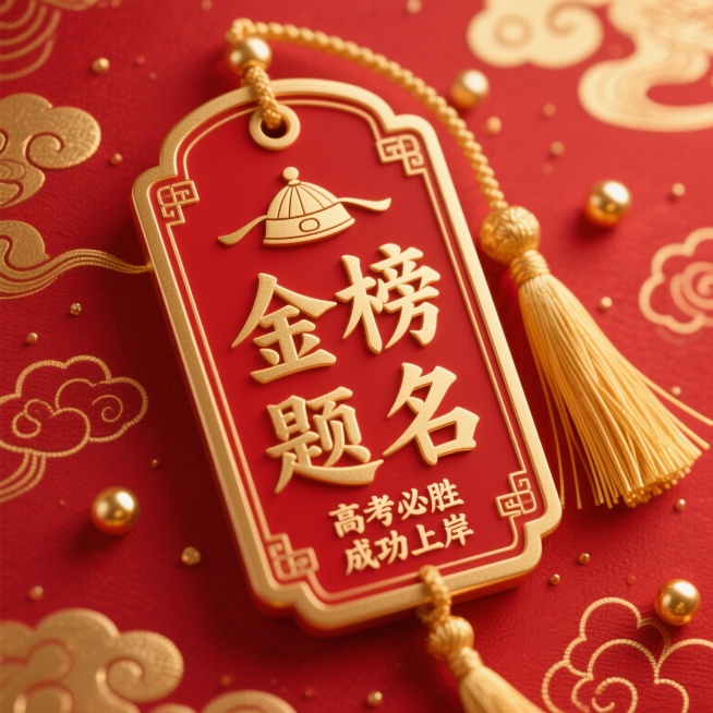 精致的金色边框红色祈福牌，牌面中央雕刻金色“金榜题名”四个大字，上方有小官帽图案，下方刻有“高考必胜 成功上岸”字样，牌侧悬挂金色流苏穗子，背景为红色底纹上点缀金色祥云纹样和散落金珠，整体呈现浓厚喜庆的中国传统风格，3D立体质感，光影柔和，色彩鲜明，营造出庄重而热烈的祝福氛围。预览效果