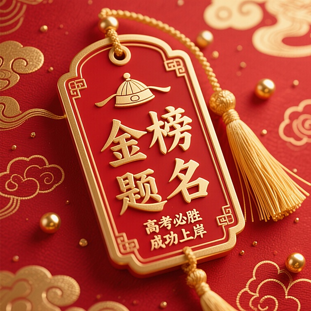 精致的金色边框红色祈福牌，牌面中央雕刻金色“金榜题名”四个大字，上方有小官帽图案，下方刻有“高考必胜 成功上岸”字样，牌侧悬挂金色流苏穗子，背景为红色底纹上点缀金色祥云纹样和散落金珠，整体呈现浓厚喜庆的中国传统风格，3D立体质感，光影柔和，色彩鲜明，营造出庄重而热烈的祝福氛围。