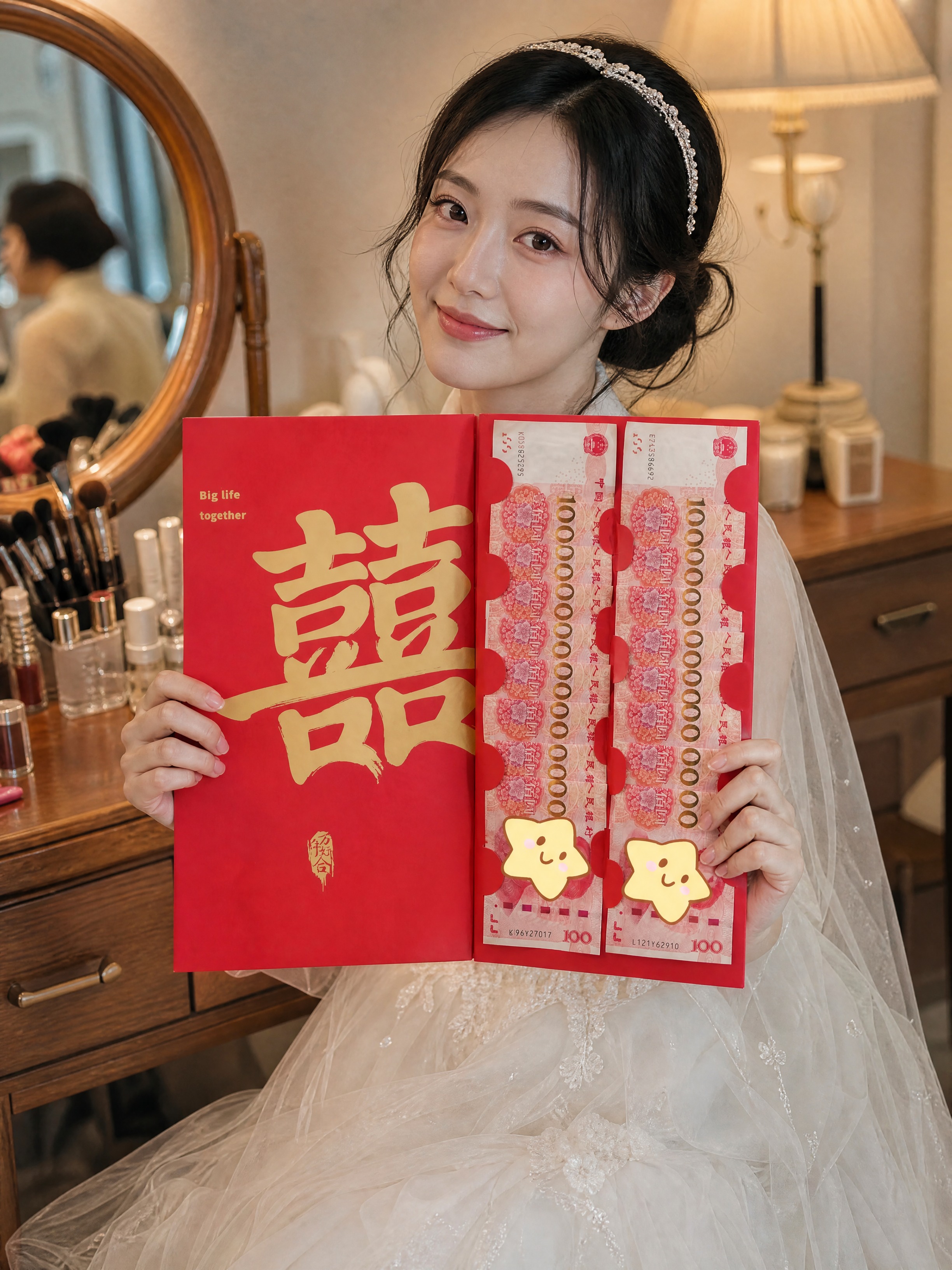 写实婚礼跟拍照片，新娘化妆间室内场景，年轻东亚新娘，简约轻薄白… - 图片创意预览
