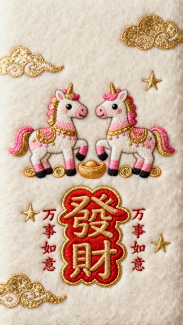一幅以发财为主题的毛毡质感壁纸，整体采用米白色毛毡质感为背景，主体是两只色彩鲜艳的卡通风格骏马，并点缀金、粉色渐变装饰，马的脚下绣有元宝、铜钱等元素。下方是红色的“發財”二字，采用圆润可爱的字体，非书预览效果