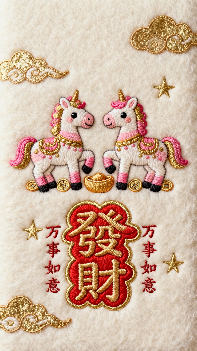 刺绣风国潮设计，拟人化独角兽萌趣十足，搭配金元宝与祥云，喜庆可爱；“发财”大字醒目，寓意万事如意，节日氛围浓厚。