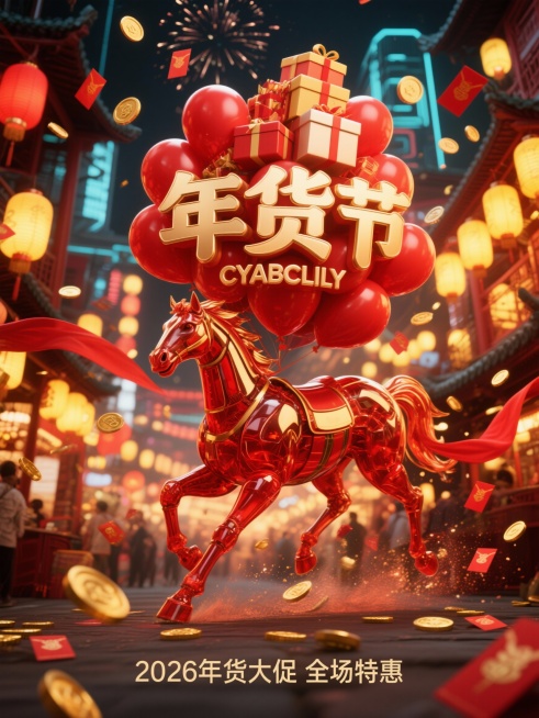 生成一张极具视觉冲击力与喜庆氛围的马年年货节3D商业海报。画面主体是一匹由晶莹剔透的中国红琉璃与磨砂质感哑光金精密拼接而成的机械神驹，背上驮着堆叠如山的、包装精美的未来感礼盒，正向着镜头欢快奔跑，马蹄预览效果