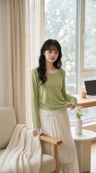 模特身穿原图中的浅绿色蕾丝拼接长袖上衣，手轻扯衣摆，神态温柔放松，位于浅米色墙面的居家空间内，搭配原木扶手沙发、白色小圆边几与米白色针织盖毯，落地窗透入柔和自然光，半透亚麻纱帘搭配白色陶瓷花瓶与小雏菊预览效果