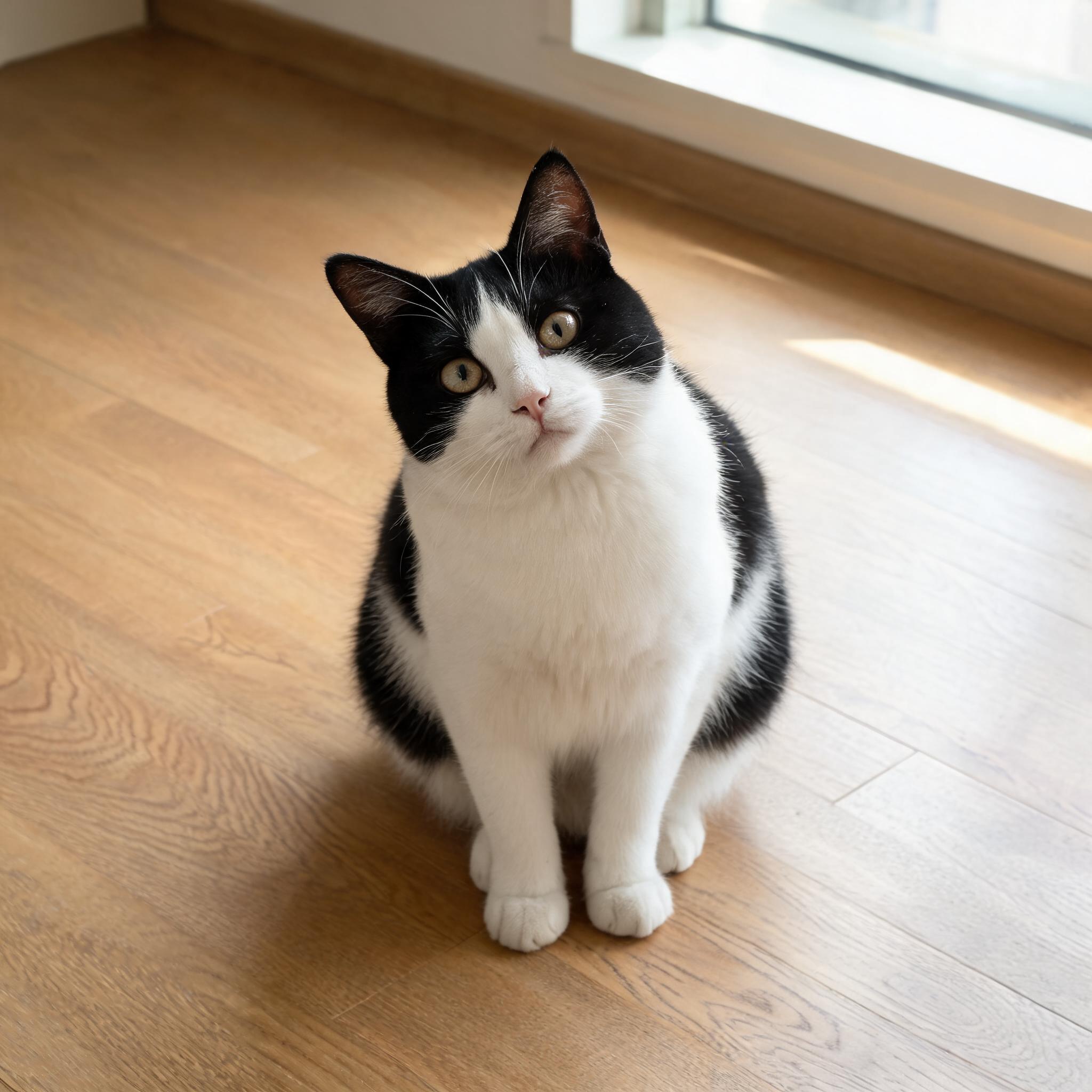 一只黑白奶牛猫，坐在木质地板上歪头看镜头，眼睛圆溜溜的，毛发蓬… - 图片创意预览